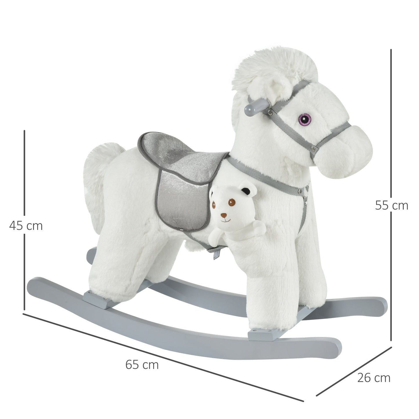 Children's Rocking Horse in Plush and Wood with Sounds and Teddy Bear Included, for Children from 18-36 Months, 65x26x55cm, White