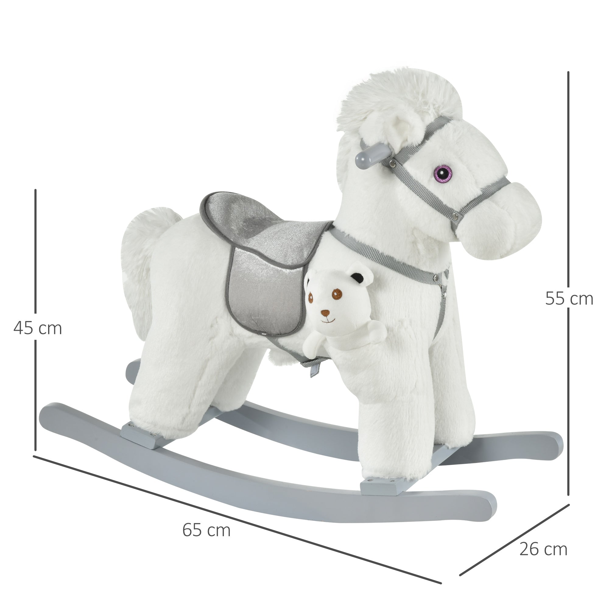 Children's Rocking Horse in Plush and Wood with Sounds and Teddy Bear Included, for Children from 18-36 Months, 65x26x55cm, White - Borgè