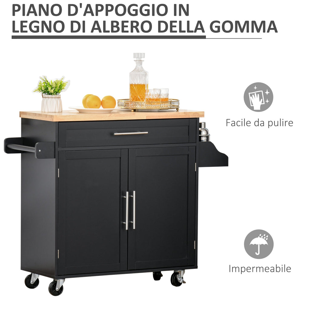 Kitchen Cart with drawer, door holders and locker, 4 wheels and wooden work surface, 109x40x89cm - Black - Borgè