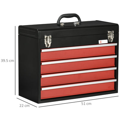 Durhand Steel toolbox with 4 drawers and upper tray, 51x22x39.5 cm, red and black - Borgè