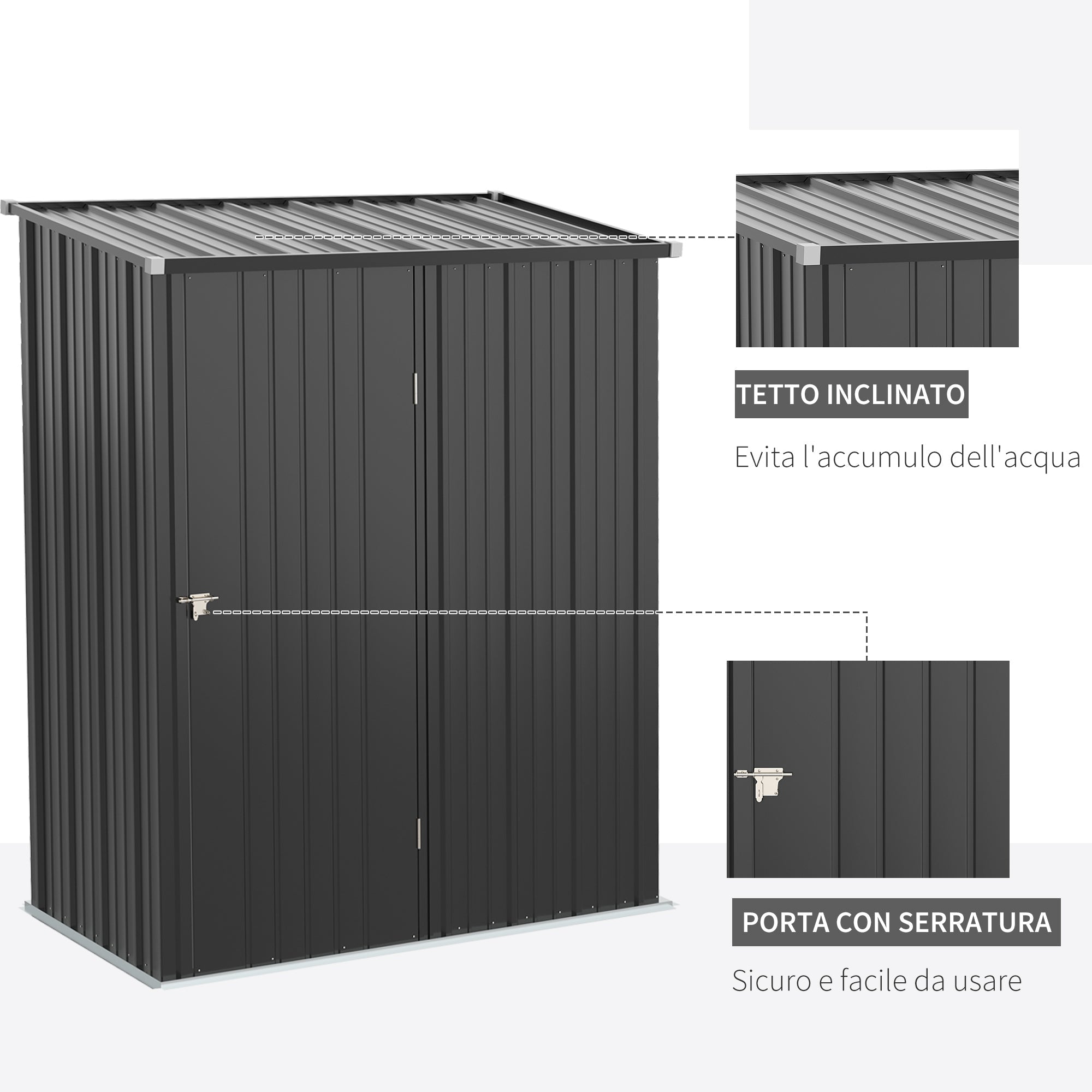 Garden Shed Tool Storage Shed in Steel Sheet with Lock, 161.5x94. 5x196cm, Black - Borge' Group Limited