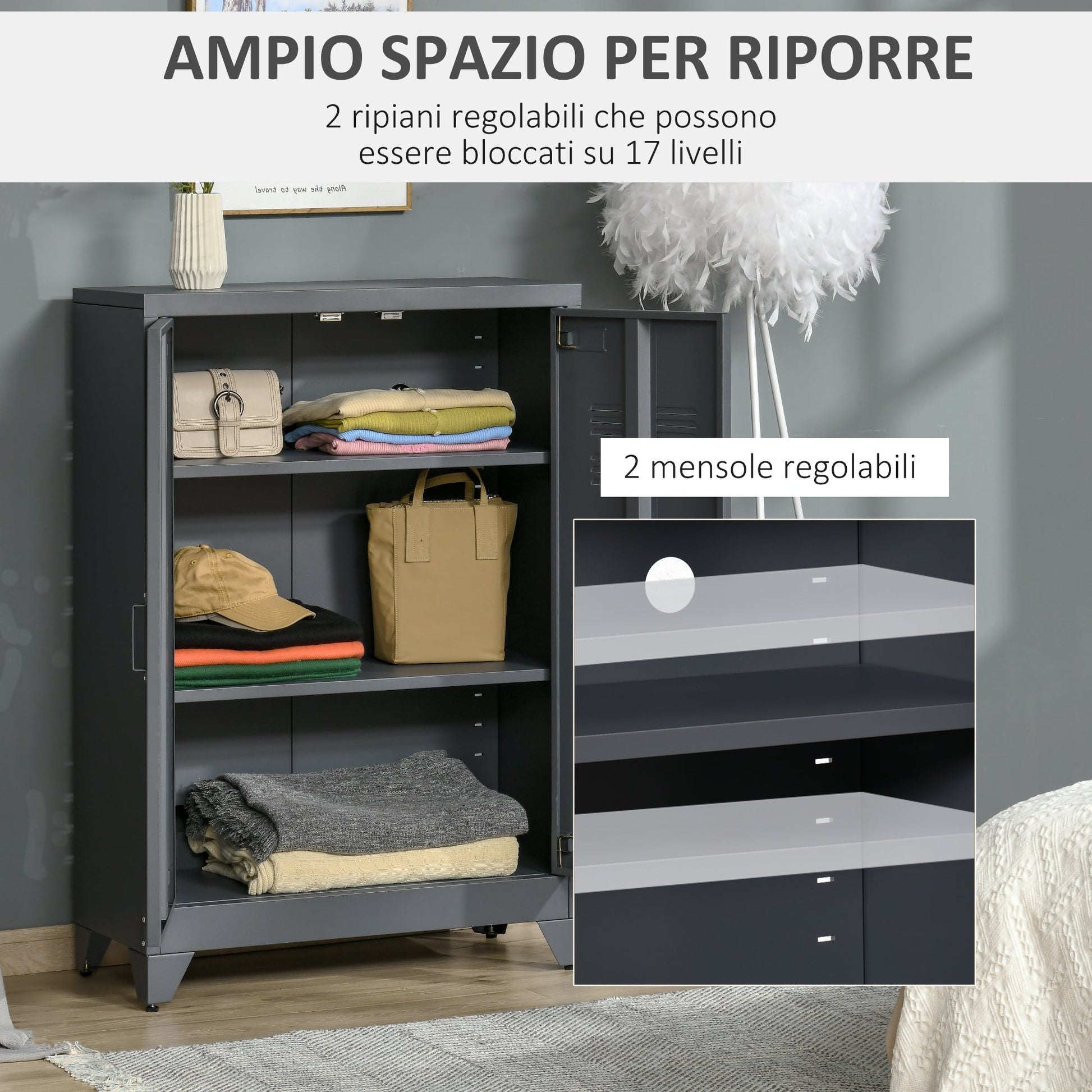 Multiuse cabinet 2 doors industrial style, metal locker for home and garage - Grey - Borgè