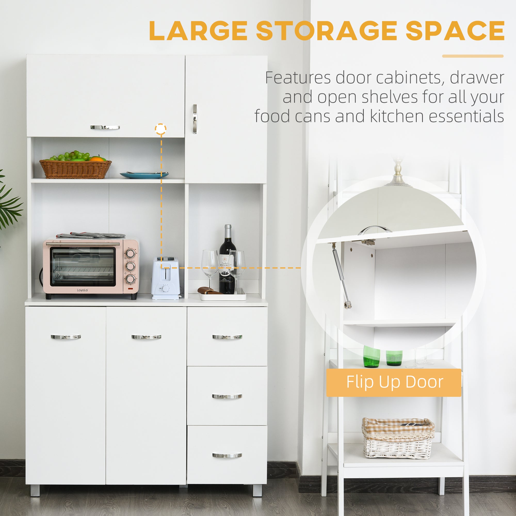 Homcom Modern Kitchen Credenza with drawers, cabinets and open shelves, 100x39.5x183.5cm, white - Borgè