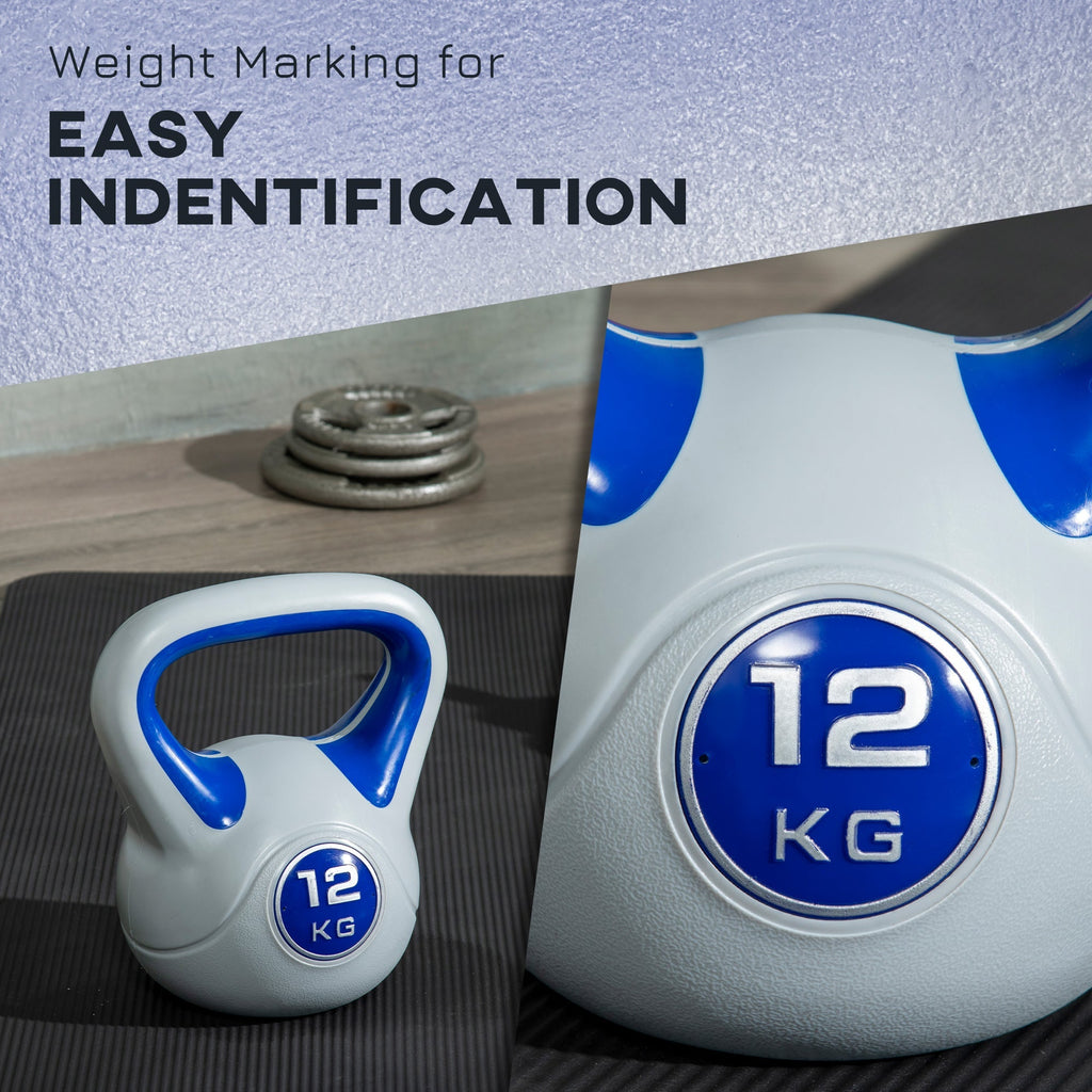 Kettlebell 12kg in PU and Sand with Flat Base and Handle for Deadlifts, Squats and Lifts, 24x17x28 cm, Blue - Borge' Group Limited
