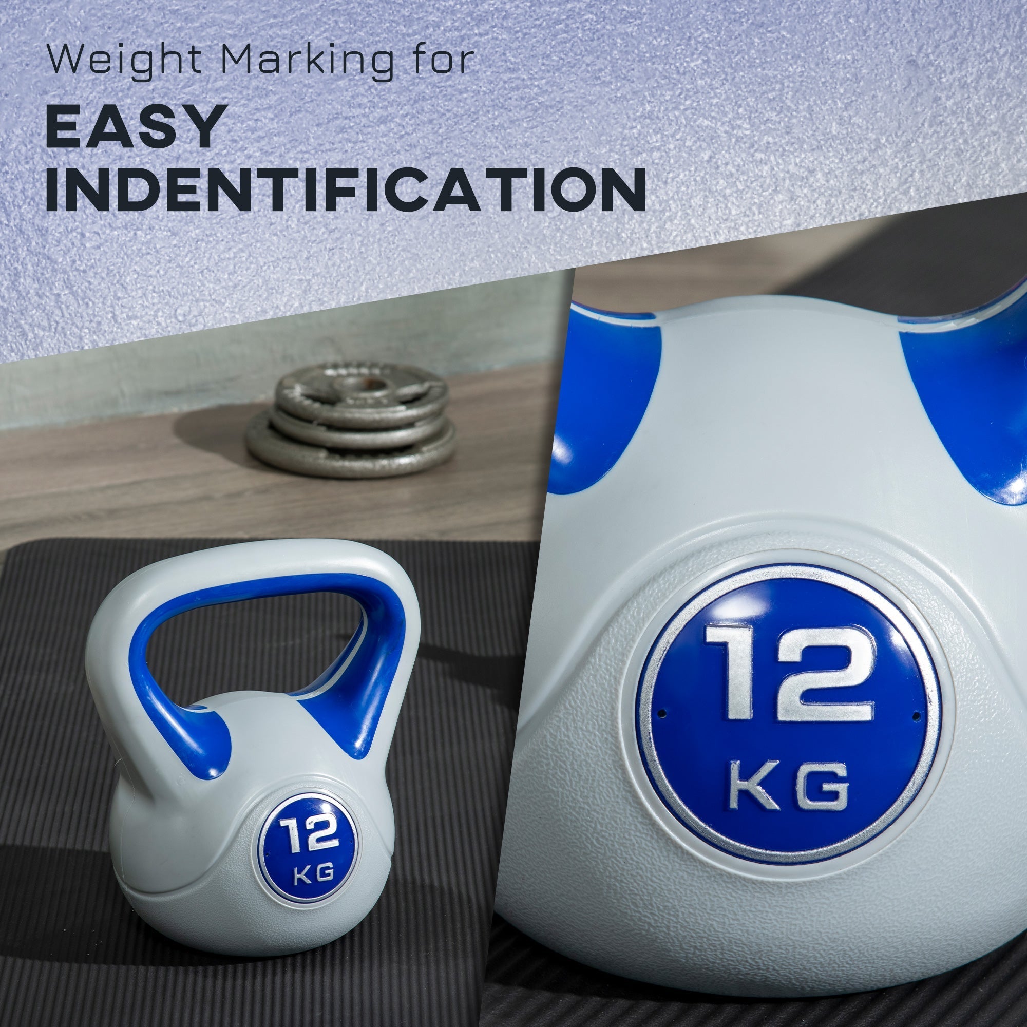Kettlebell 12kg in PU and Sand with Flat Base and Handle for Deadlifts, Squats and Lifts, 24x17x28 cm, Blue - Borge' Group Limited