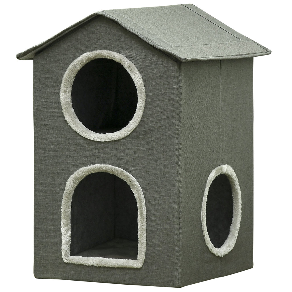 Two Level Cat House with Washable Cushions 3 Entrances, 42x46x59.5 cm, Grey - Borge' Group Limited