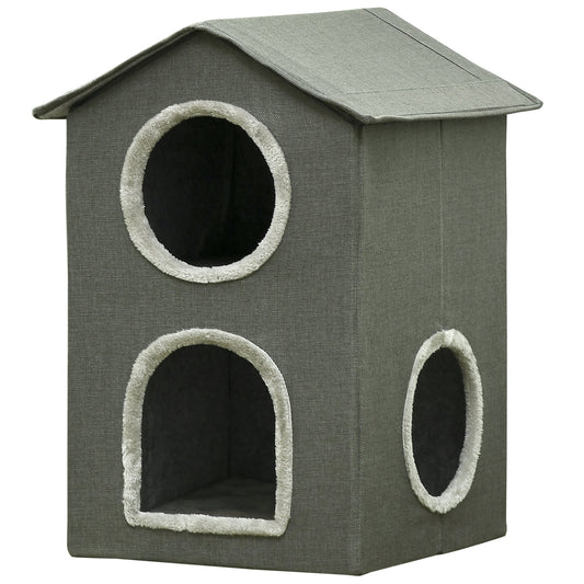 PAWHUT two -level cat house with washable cushions 3 entrances, 42x46x59.5 cm, Grey - Borgè