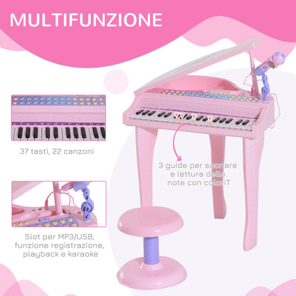 mini piano toy for children with microphone and stool, pink - Borgè