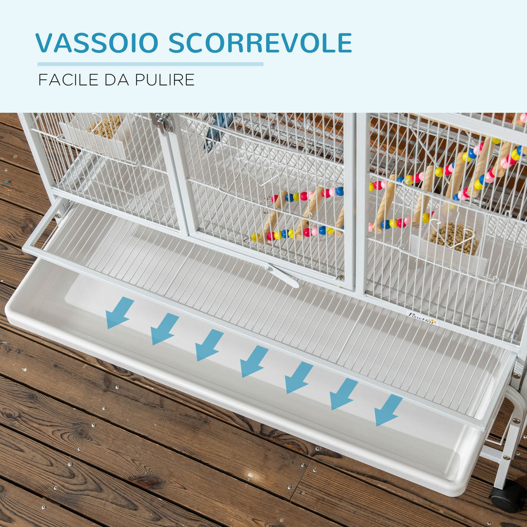 Bird Cage in Steel and PP with Perches, Toys, Food Containers and Tray, 83x53x180 cm, White - Borge' Group Limited