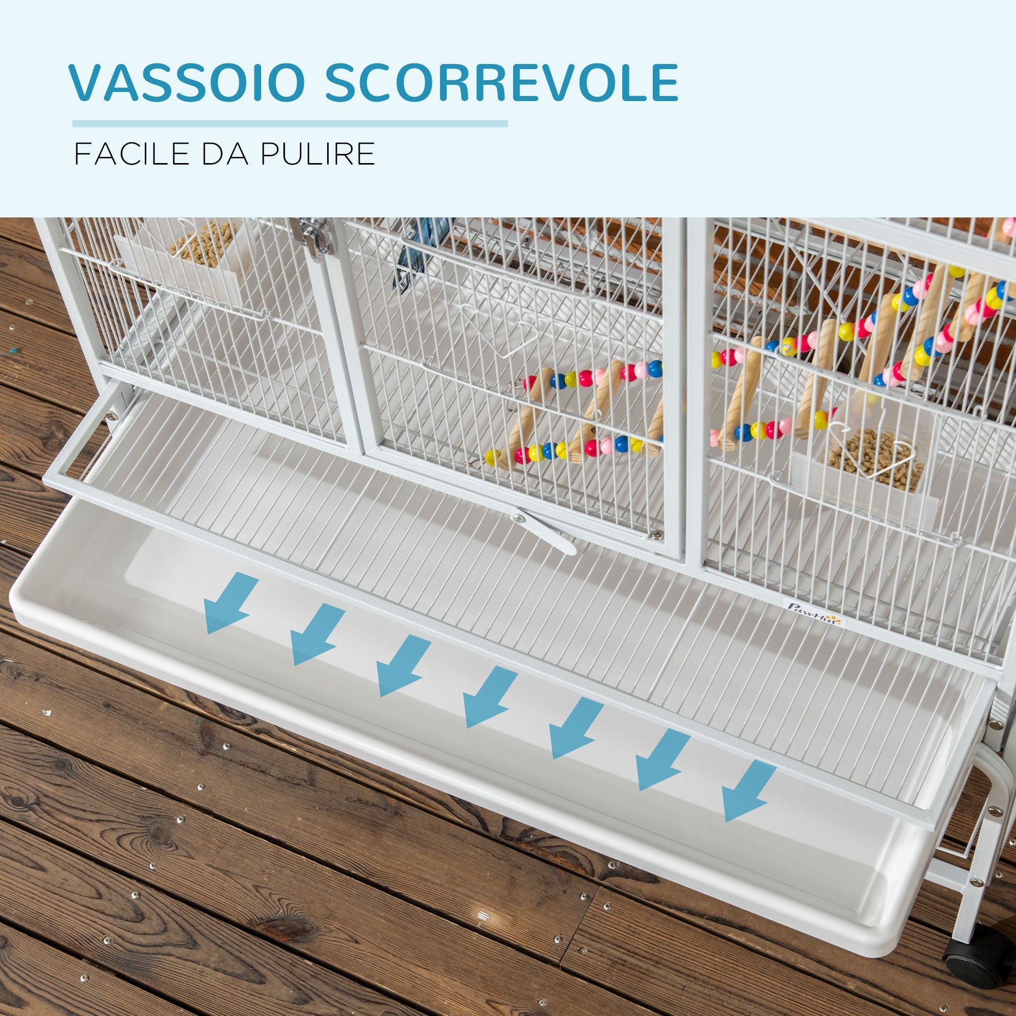Bird Cage in Steel and PP with Perches, Toys, Food Containers and Tray, 83x53x180 cm, White - Borge' Group Limited