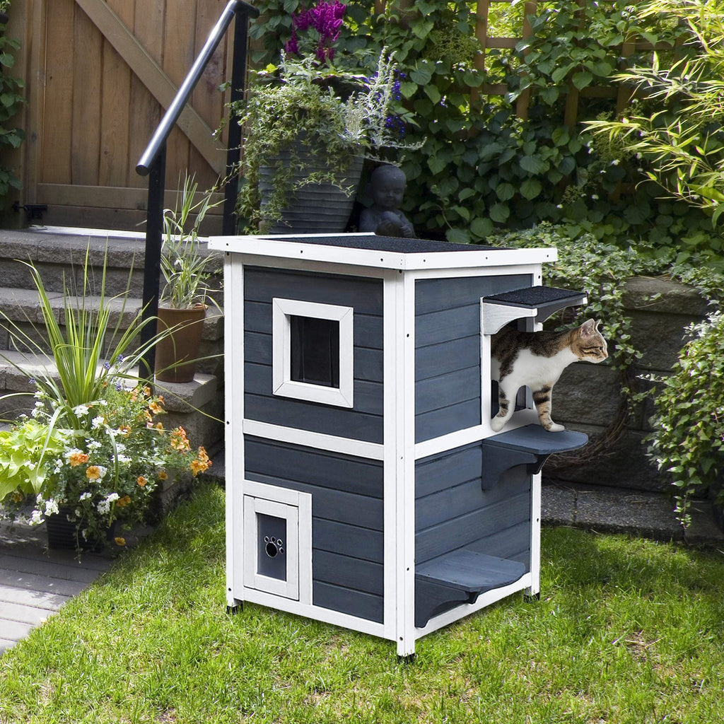 2-Story Waterproof Wooden Cat House, Outdoor Pet House with Opening Roof, 51x51x81.3cm - Borge' Group Limited