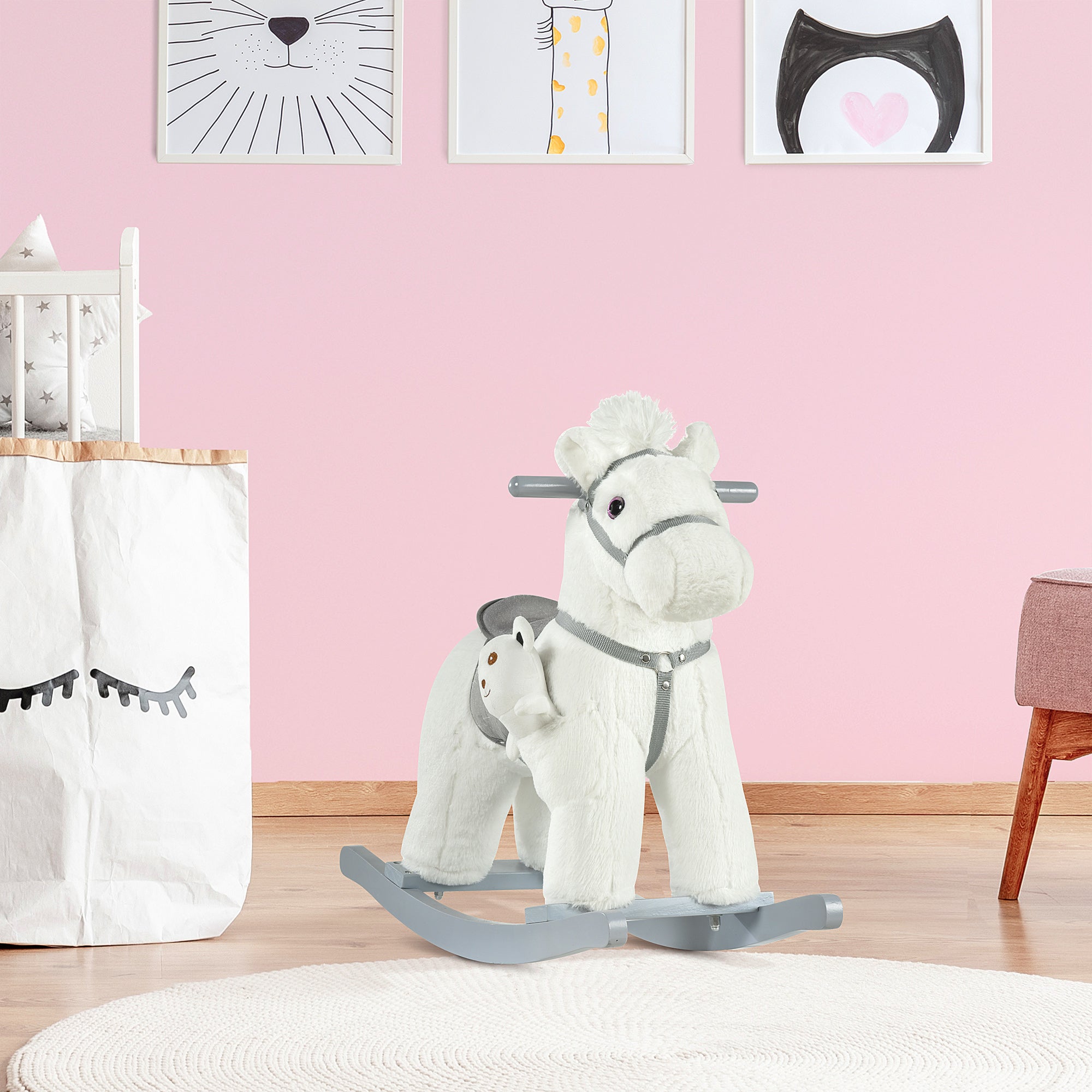 Children's Rocking Horse in Plush and Wood with Sounds and Teddy Bear Included, for Children from 18-36 Months, 65x26x55cm, White - Borgè