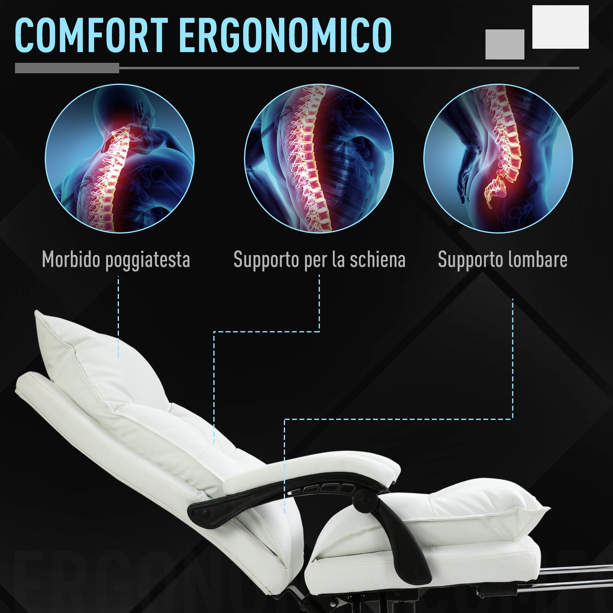 White -like office armchair winner, adjustable height with reclining backrest 155 ° and footrests - Borgè