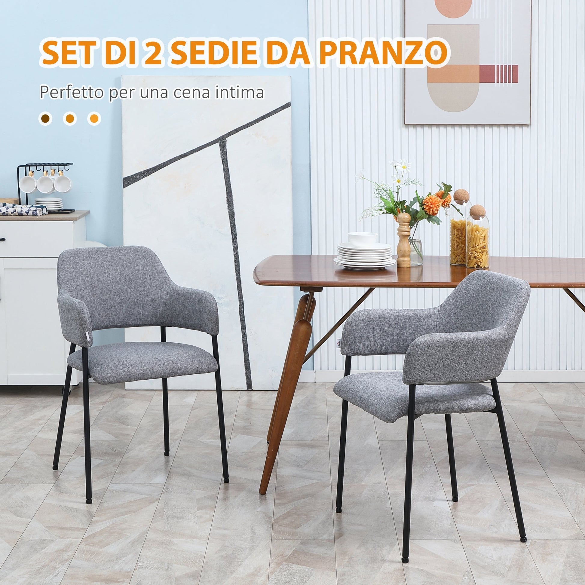 sets with 2 modern fabric padded chairs with armrests and steel legs, 54x54x84cm, Grey - Borgè