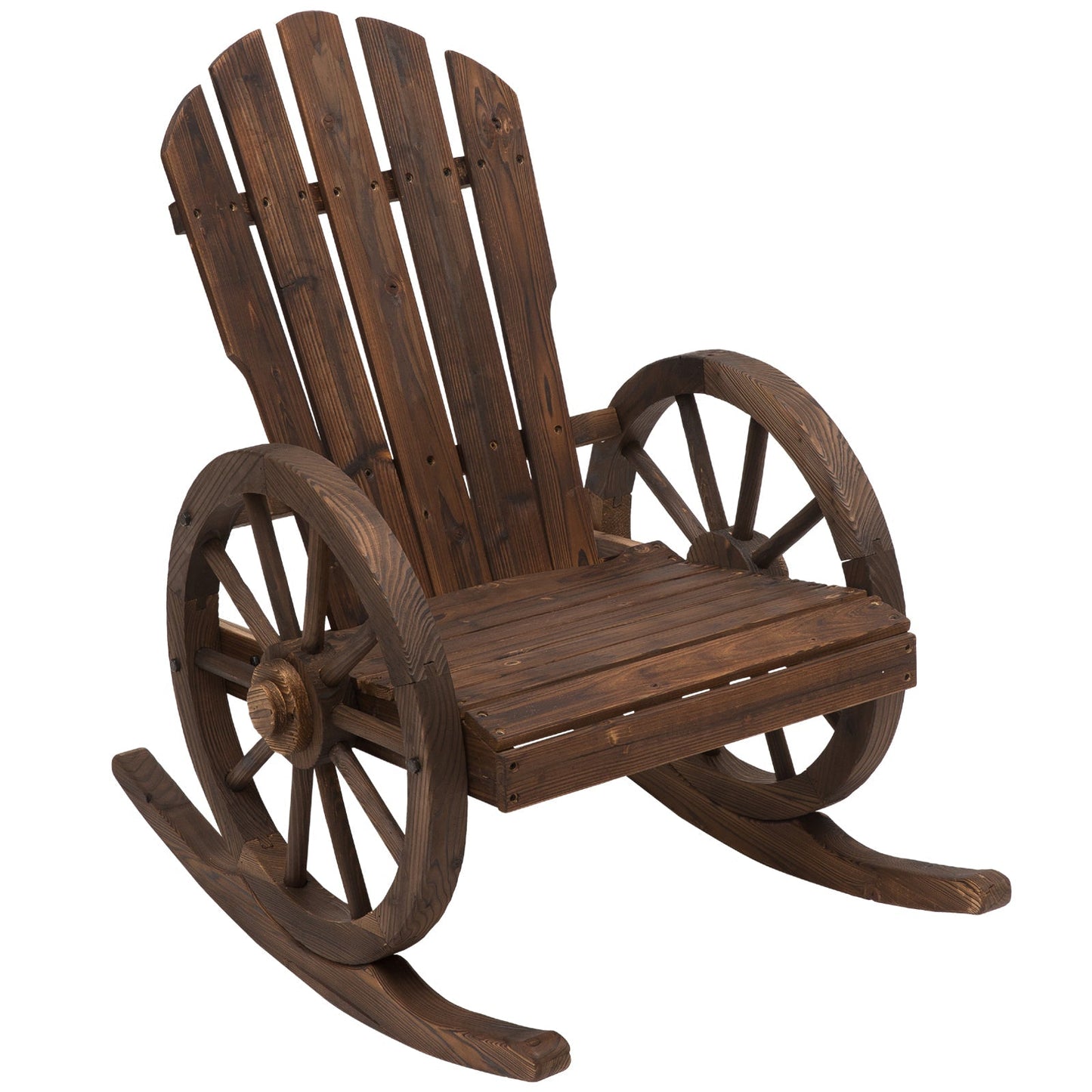 Outsunny adirontack style rocking chair, rustic design with 2 wheels, burnt red fir wood, 88x68x92cm