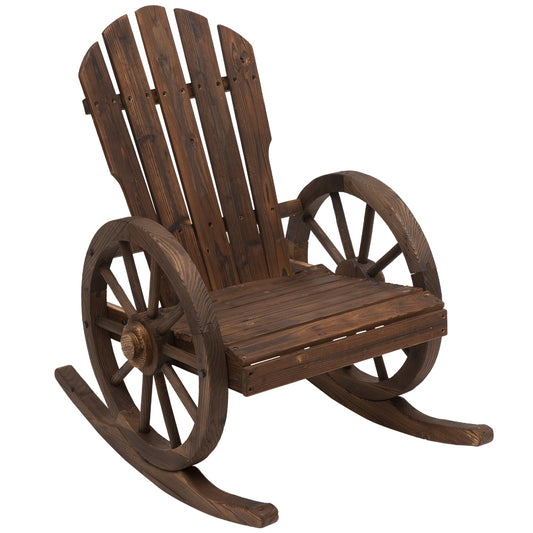 Outsunny adirontack style rocking chair, rustic design with 2 wheels, burnt red fir wood, 88x68x92cm - Borgè