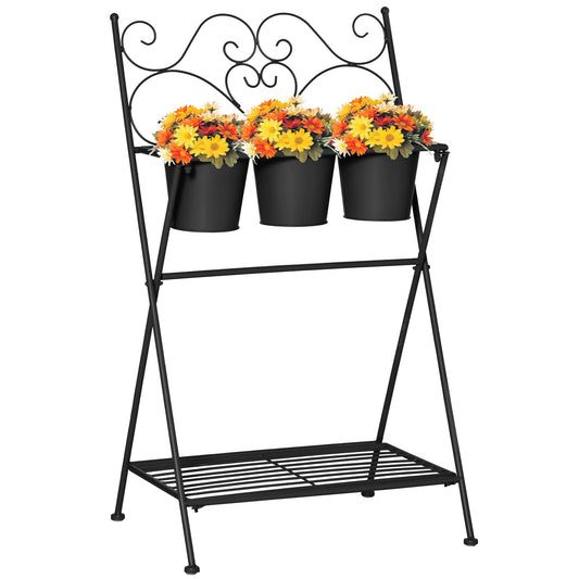 Outsunny holder in folding metal with 3 pots and lower shelf for home and garden, 47x37x78.5cm, black - Borgè