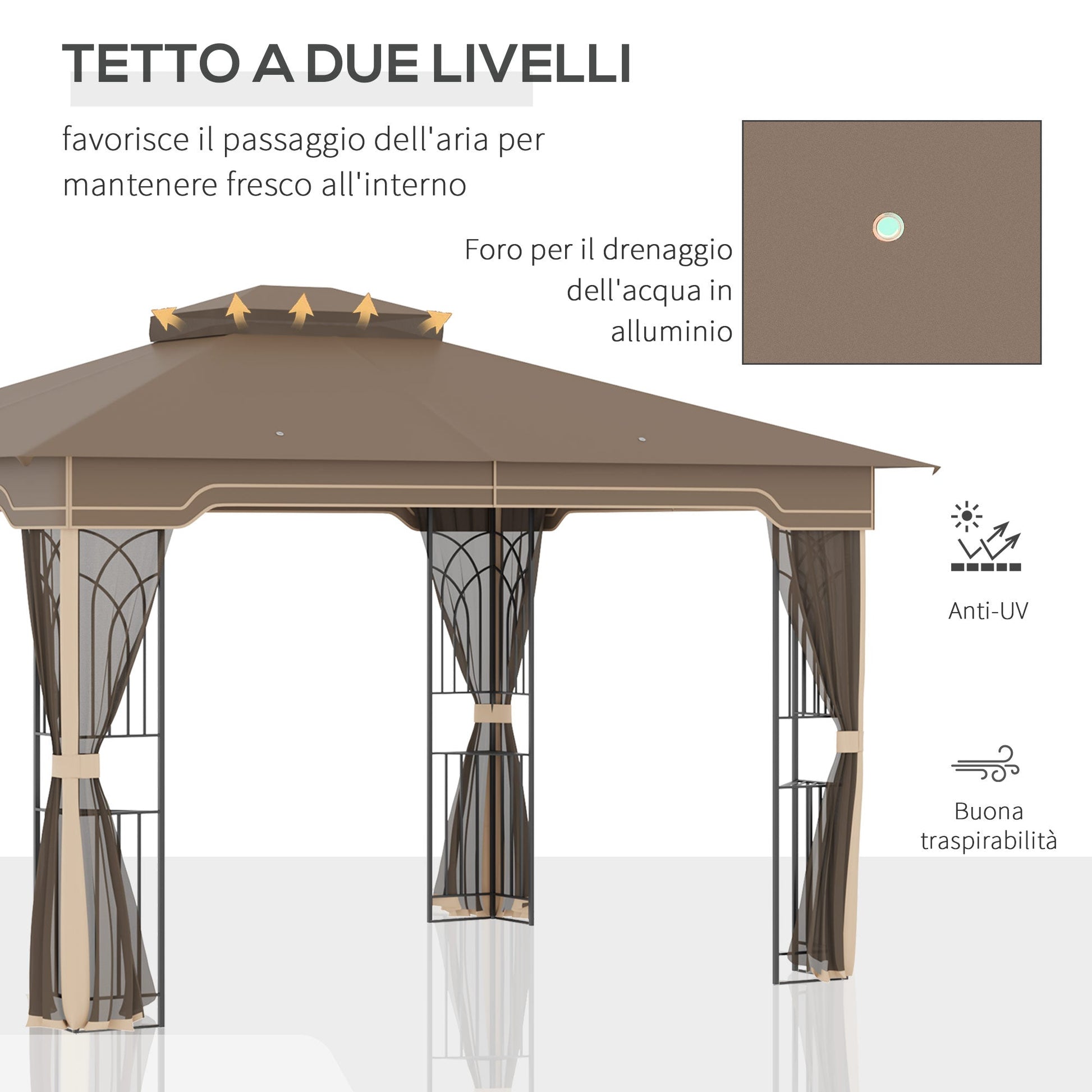 Outsunny garden gazebo with mosquito net, double roof, metal structure and shelves, 3,65x3m brown and beige - Borgè