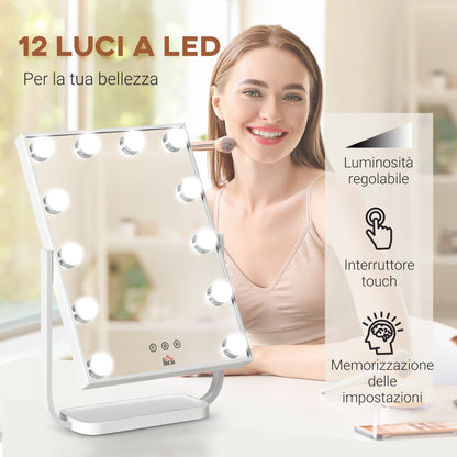 Homcom Illuminated make -up mirror inclinable with 12 LED lights and adjustable brightness, 32.8LX11x47.4cm - Borgè