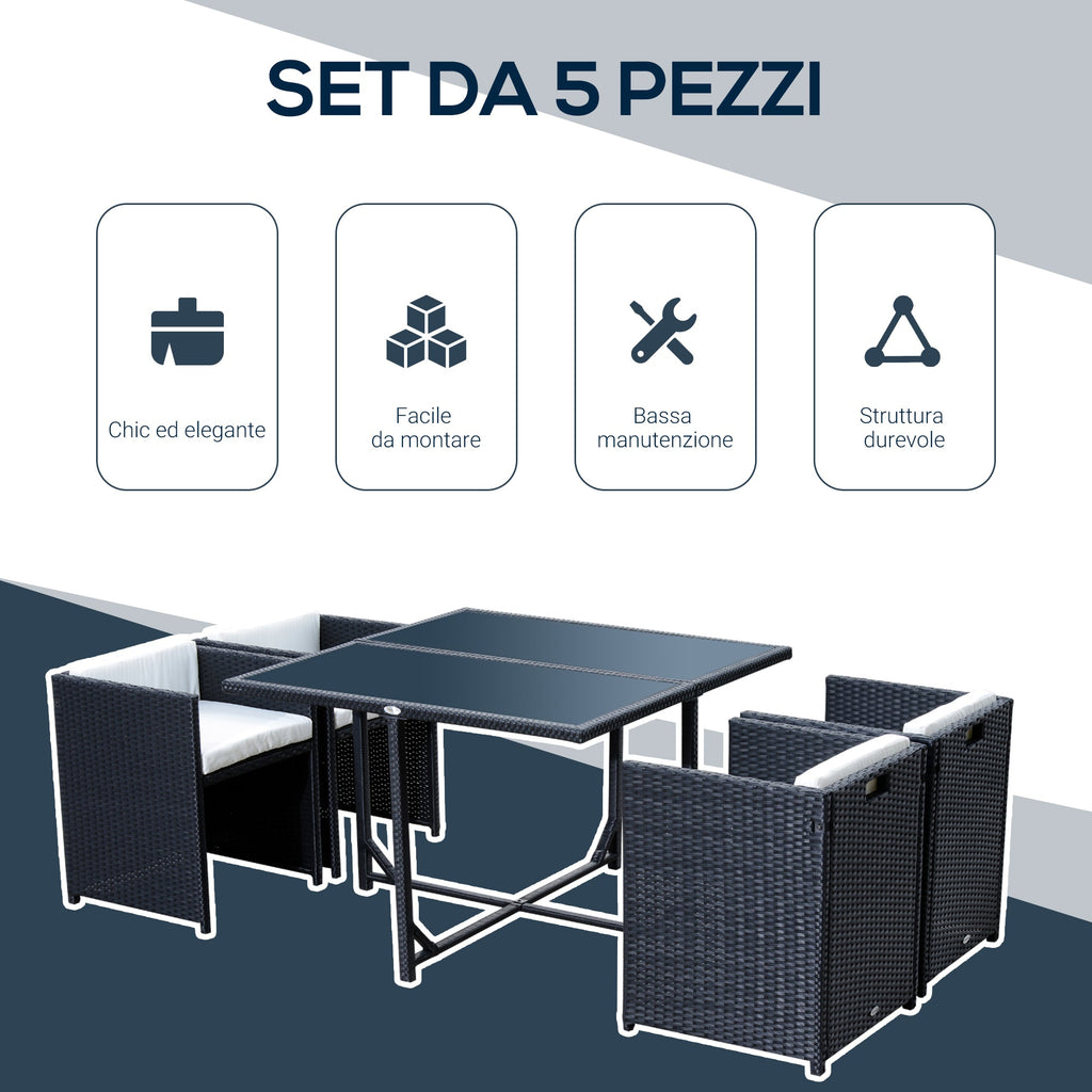 5-Piece Garden Furniture Set, Rectangle Dining Table and 4 Chairs with Matching Cushions, Black, 109x109x72 cm - Borge' Group Limited