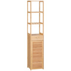 Kleankin High Bathroom Cabinet in Bamboo with 3 open shelves, a drawer and a locker, 32x30x163 cm, wooden color - Borgè