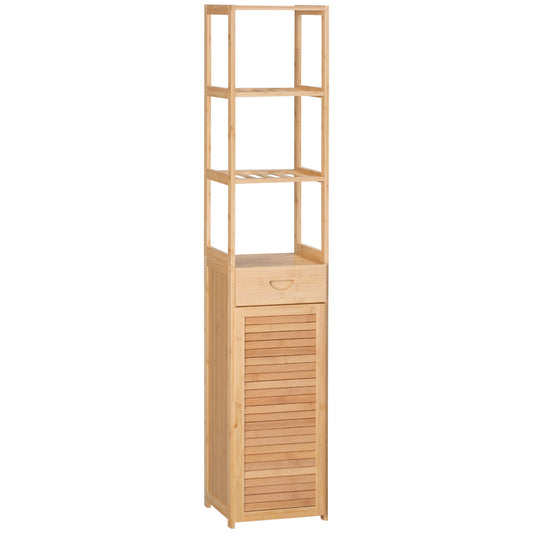 Kleankin High Bathroom Cabinet in Bamboo with 3 open shelves, a drawer and a locker, 32x30x163 cm, wooden color - Borgè