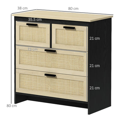 Homcom drawer 4 drawers in chipboard and rattan for living room and bedroom, 80x38x80 cm, black and wooden - Borgè