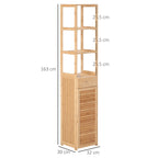 Kleankin High Bathroom Cabinet in Bamboo with 3 open shelves, a drawer and a locker, 32x30x163 cm, wooden color - Borgè