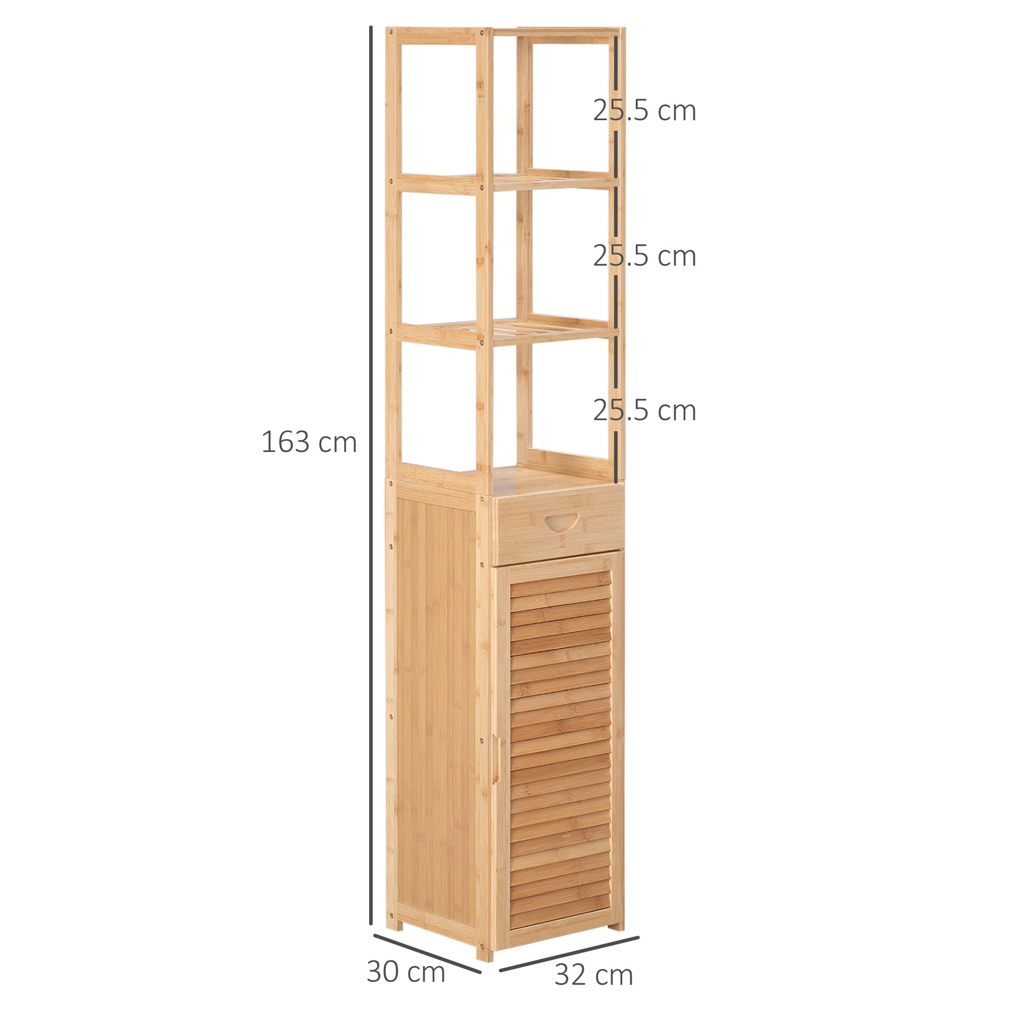 Kleankin High Bathroom Cabinet in Bamboo with 3 open shelves, a drawer and a locker, 32x30x163 cm, wooden color - Borgè