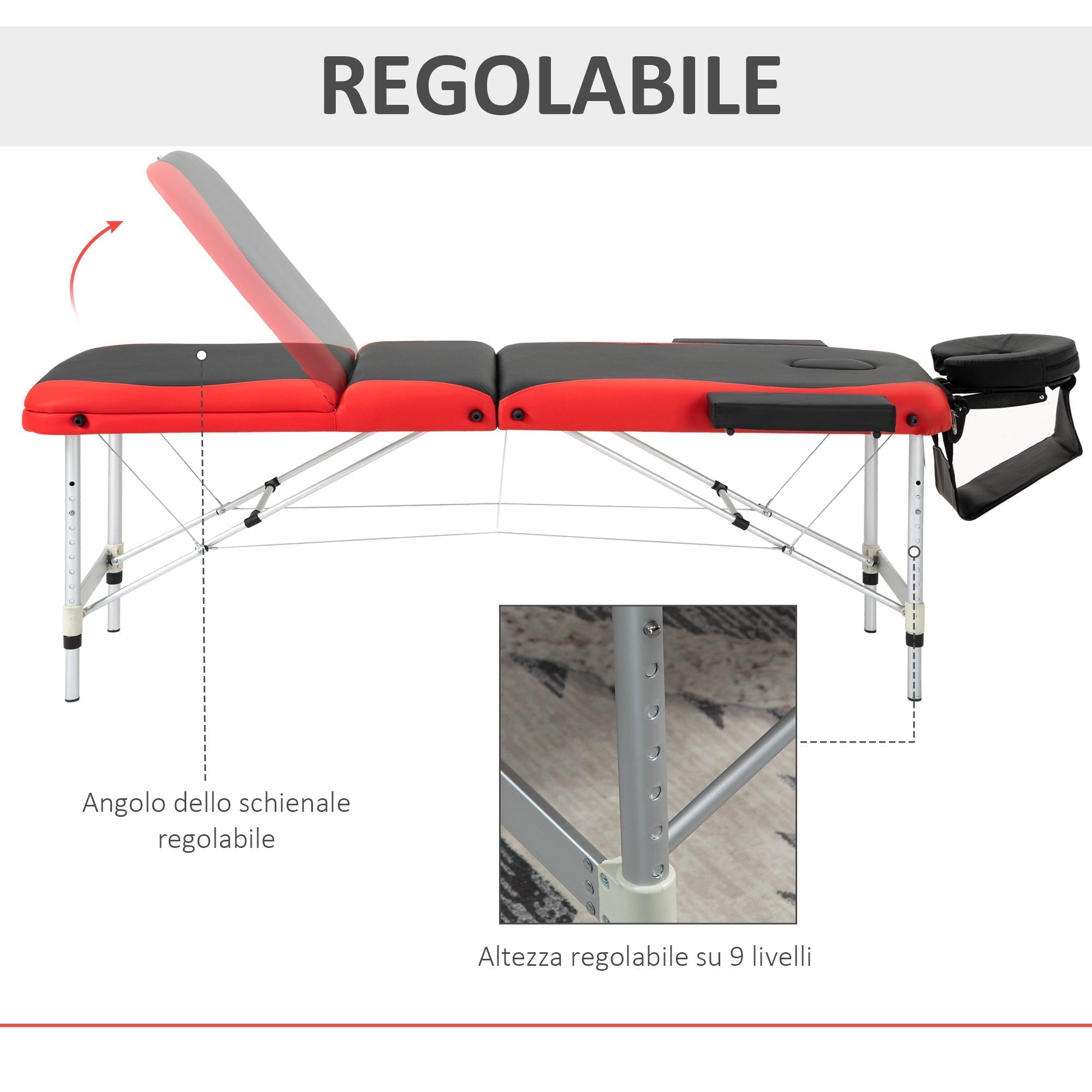 Foldable Massage and Beauty Table with Adjustable Height, Professional Massage Bed in Aluminum and Plastic, 215x60x61-84 cm, Black and Red - Borge' Group Limited