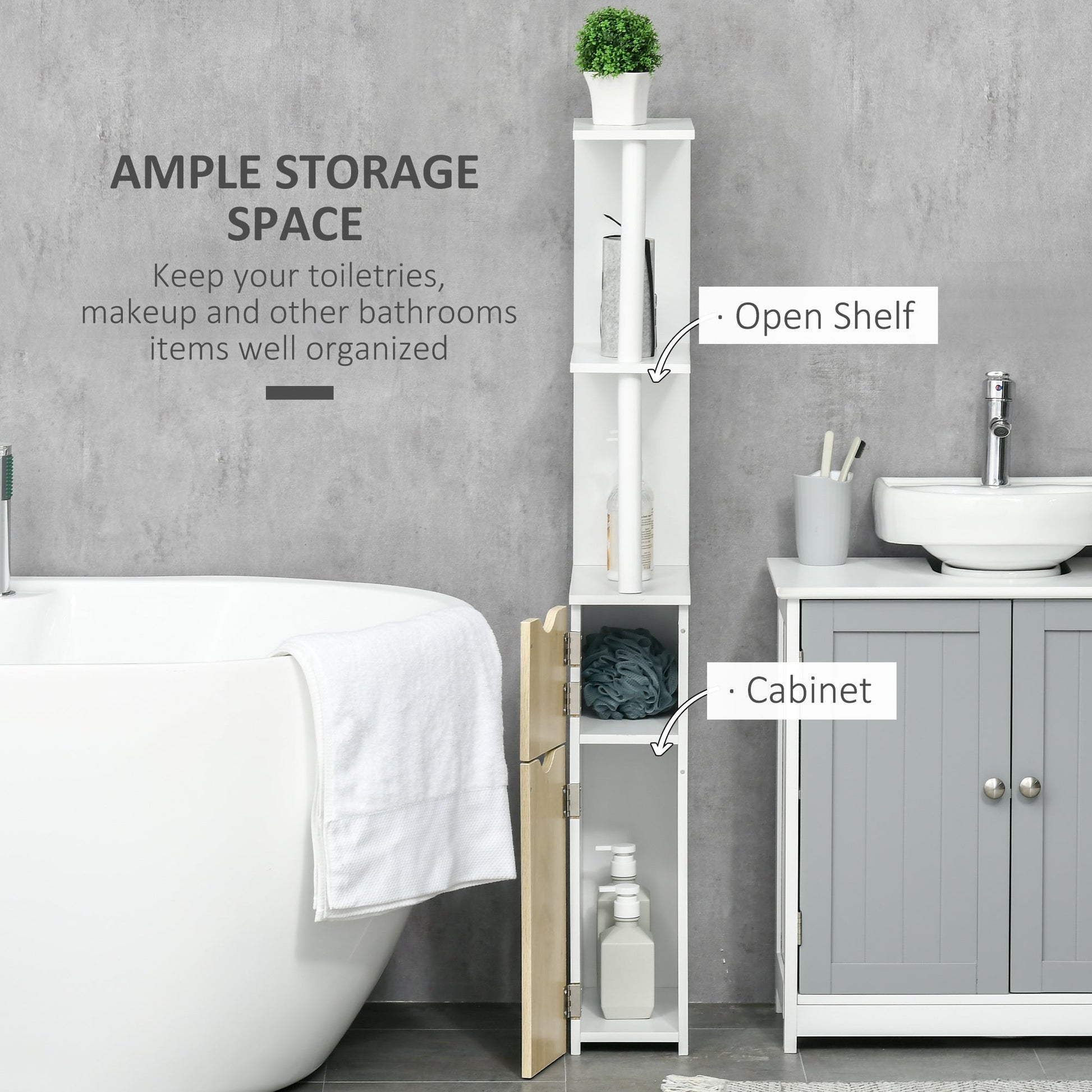 Kleankin Bathroom column with 2 shelves and 2 cabinets, high saving mobile 15.2x29.8x118cm, white and wood - Borgè