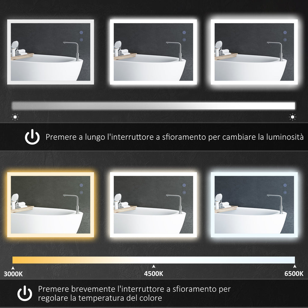 Kleankin Bathroom Mirror Led anti -expulsion with 3 colors and adjustable brightness, in metal and glass, 80x60x3 cm - Borgè