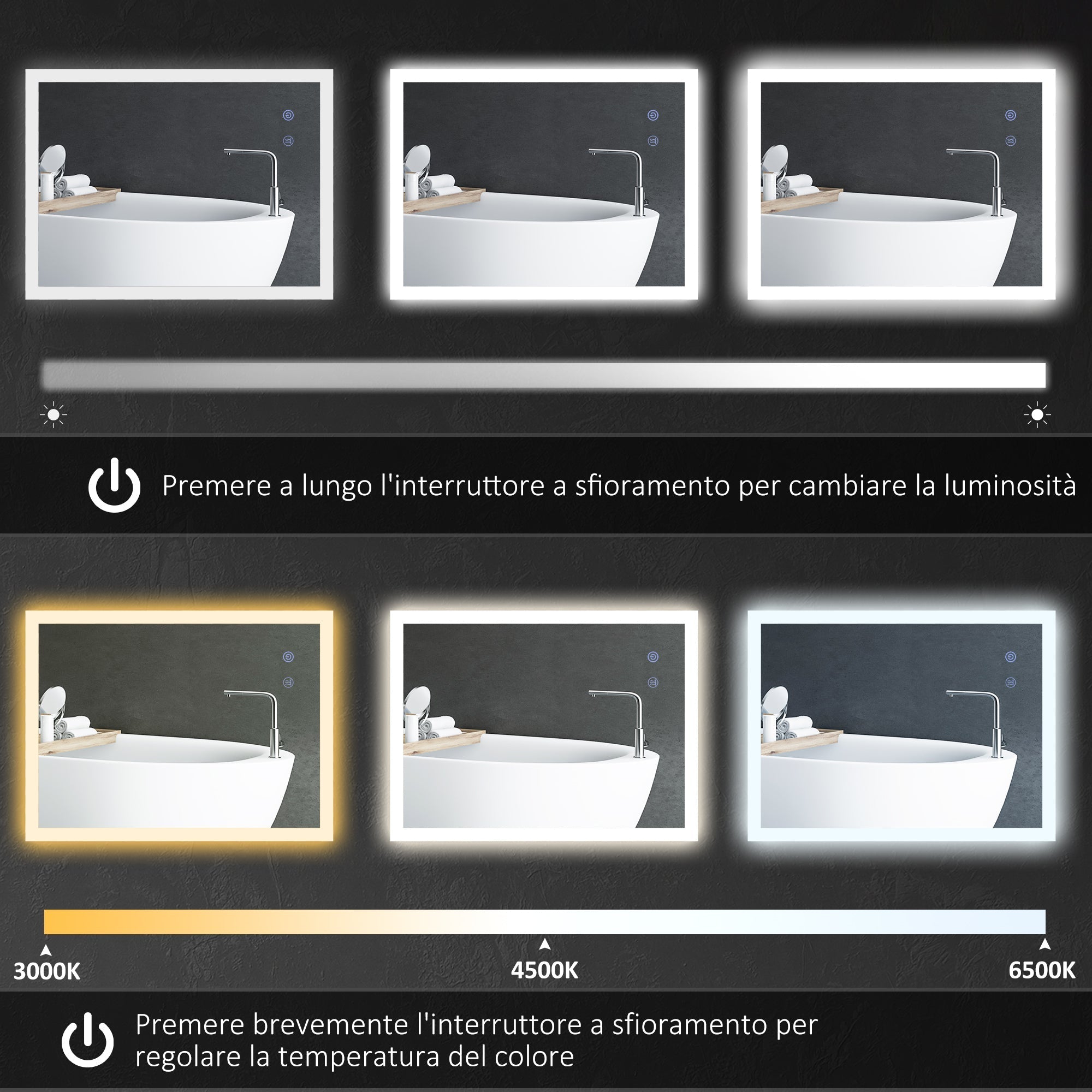 Kleankin Bathroom Mirror Led anti -expulsion with 3 colors and adjustable brightness, in metal and glass, 80x60x3 cm - Borgè