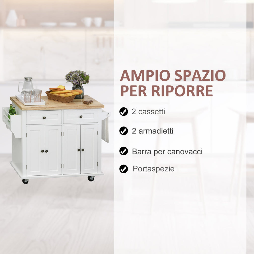 Kitchen Trolley spouses with drawers and wooden holders, 111x44.5x82.5cm, white - Borgè