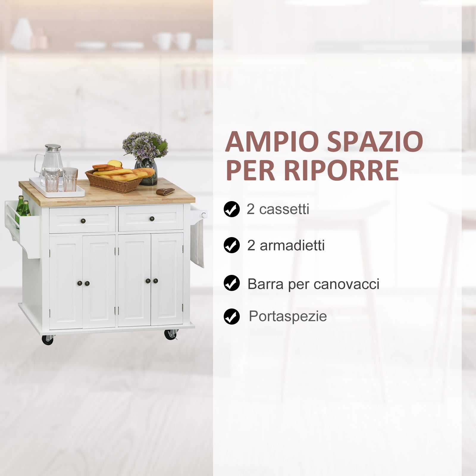 Kitchen Trolley spouses with drawers and wooden holders, 111x44.5x82.5cm, white - Borgè