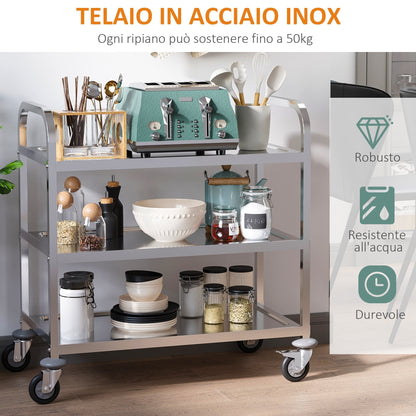 Homcom Kitchen Trolley 3 Open shelves 4 Omnidirectional wheels with 2 brakes anti-collision pads in stainless steel 430 silver 85x45x90cm - Borgè