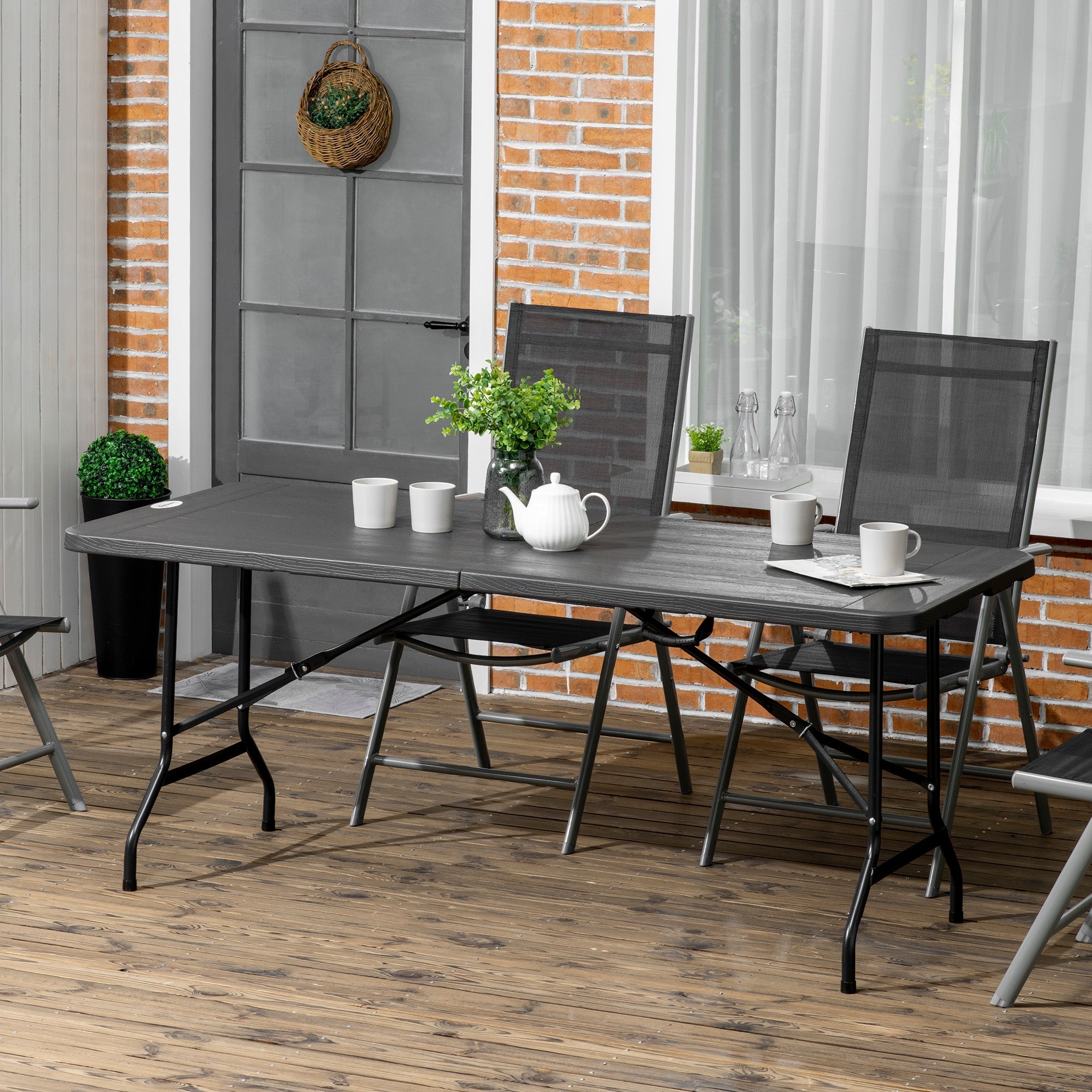 Folding Garden Table for 6 People in Steel and HDPE, 180x75.5x73cm, Dark Grey - Borge' Group Limited