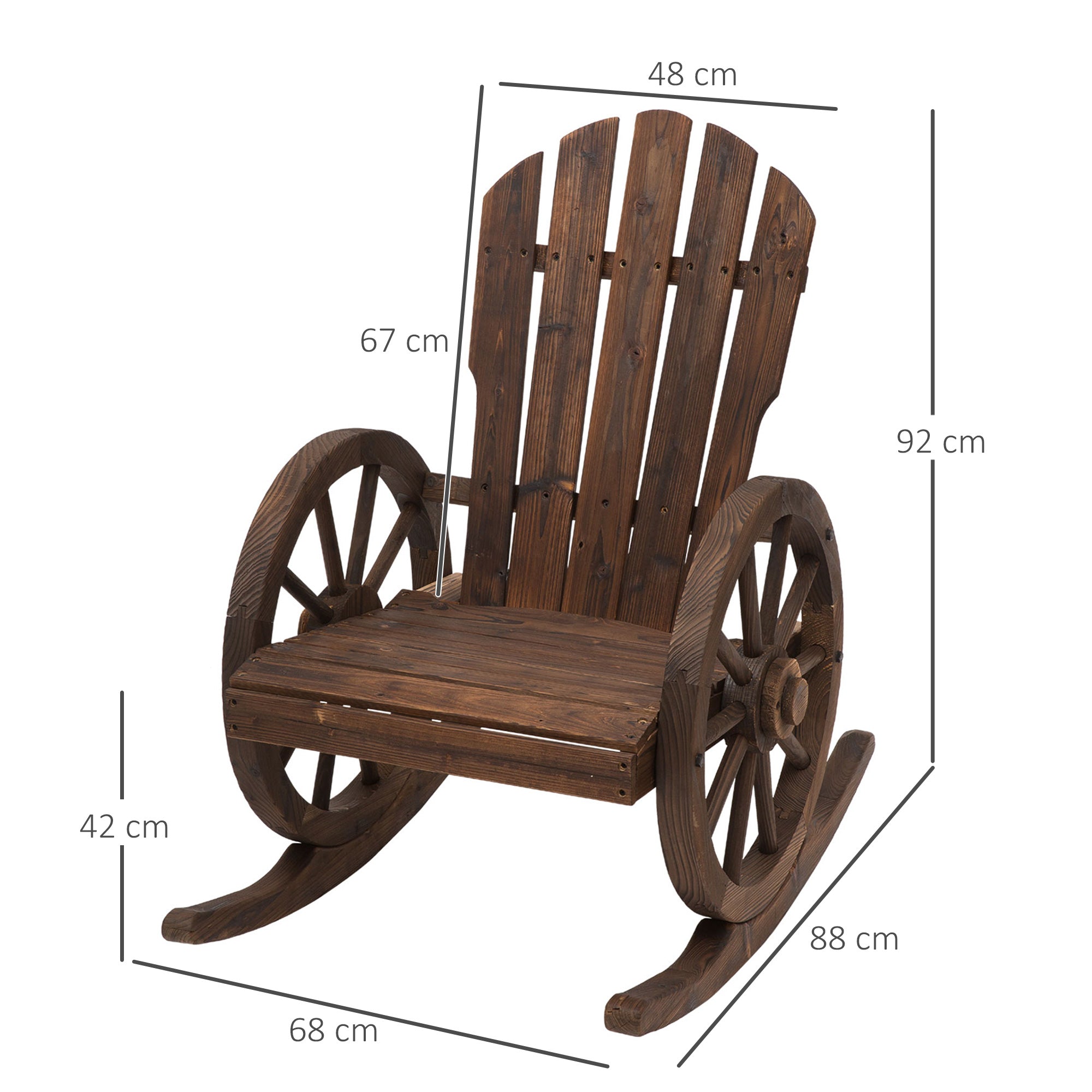 Adirondack Rocking Chair, Rustic Design with 2 Wheels, Burnt Spruce Wood, 88x68x92cm - Borge' Group Limited