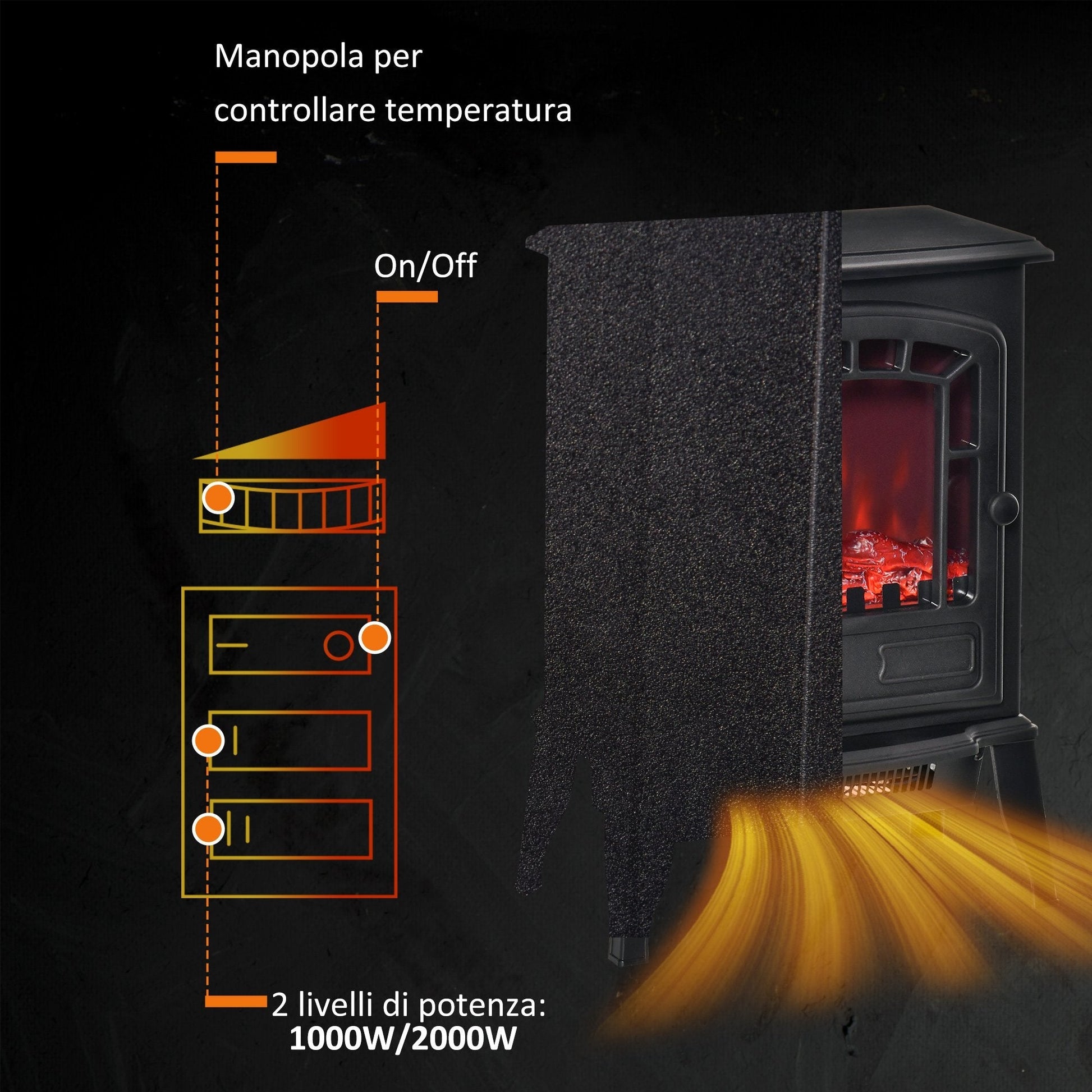 electric fireplace with flame effect, adjustable temperature coverage 20-25m² - black - Borgè