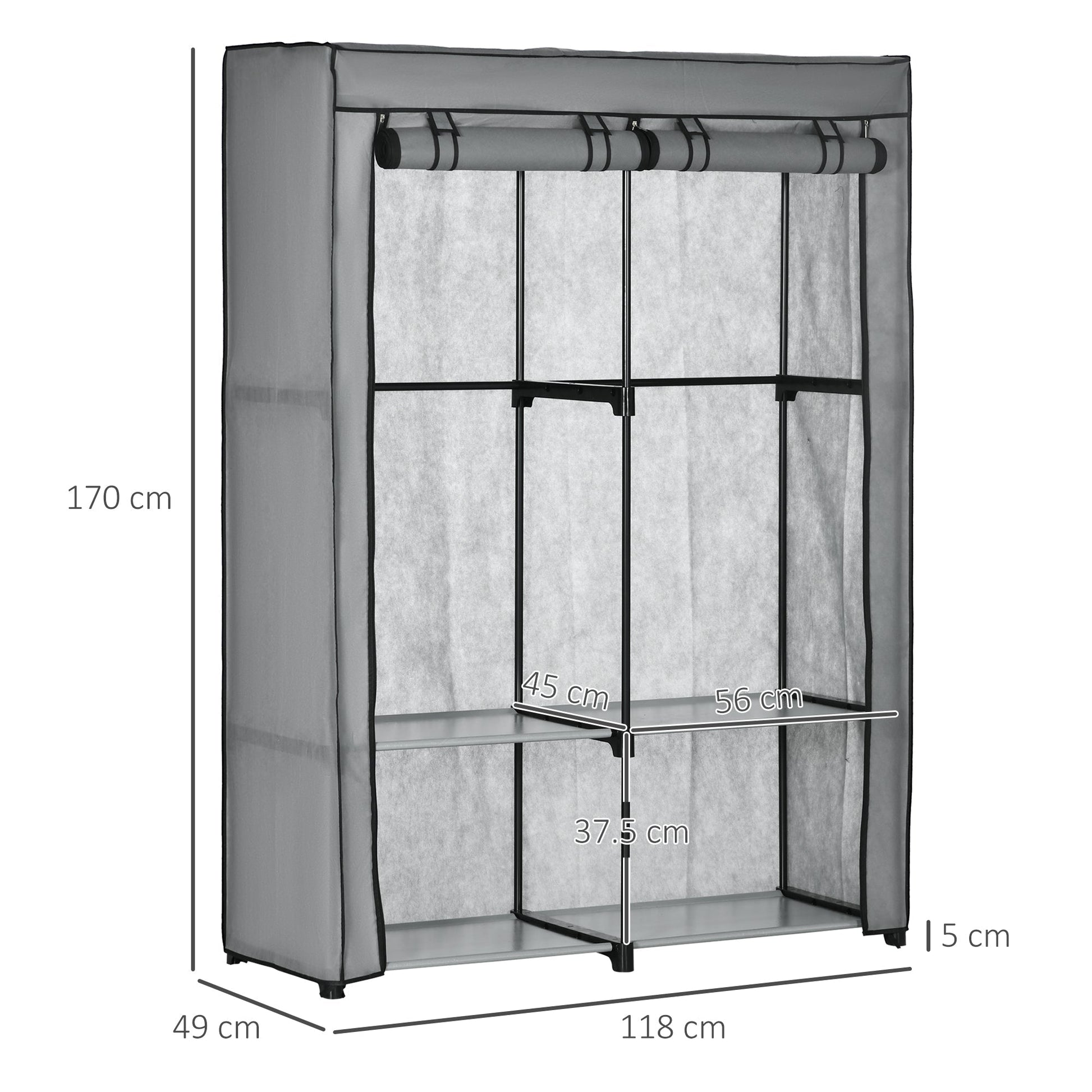 laptop wardrobe wardrobe in non -woven fabric with 4 open shelves and 2 hangers, 118x49x170 cm, Grey - Borgè