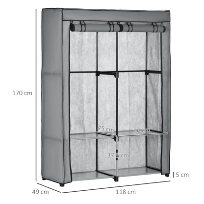 laptop wardrobe wardrobe in non -woven fabric with 4 open shelves and 2 hangers, 118x49x170 cm, Grey - Borgè