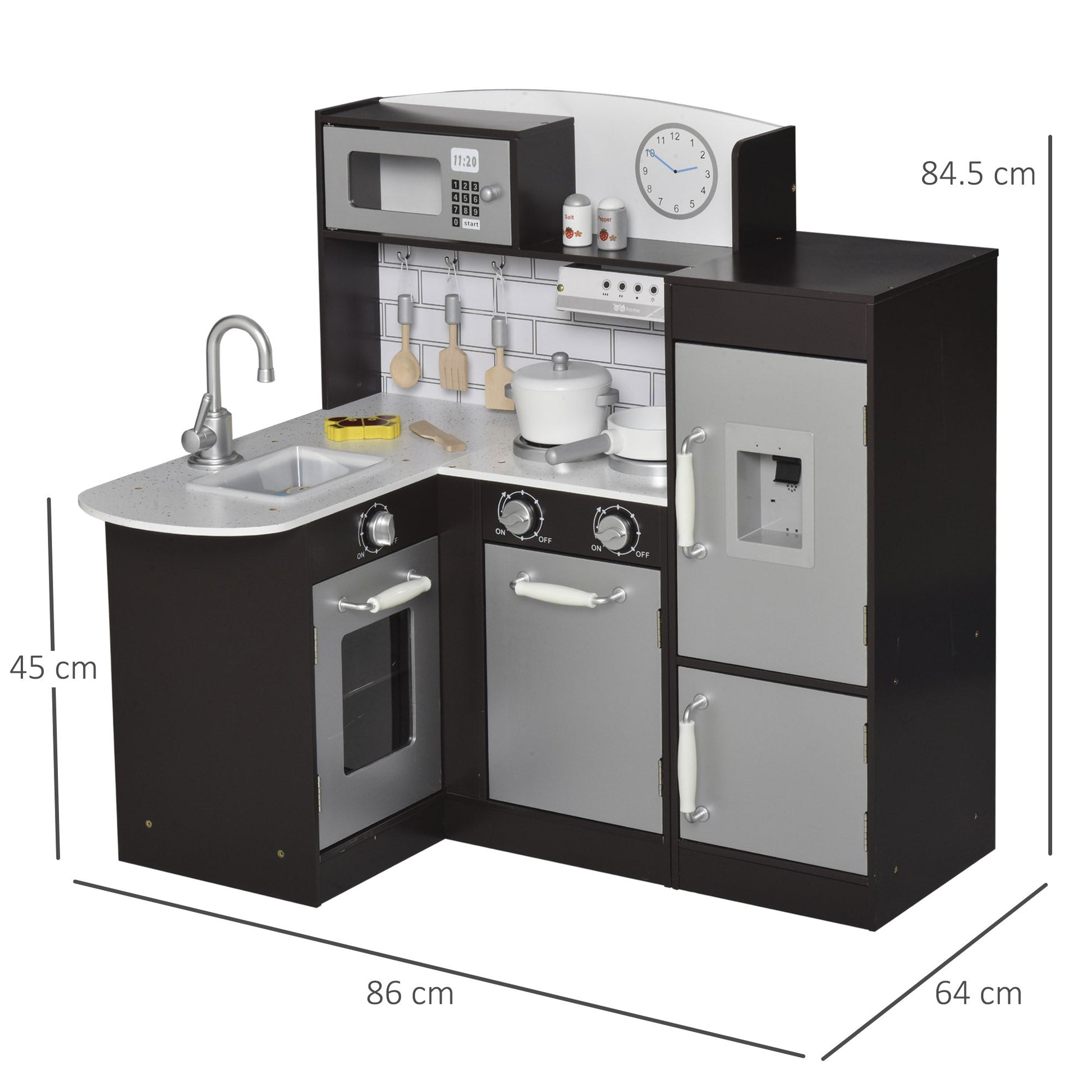 Kitchen for Children in Wooden Children With 14 Accessories, Oven, Sink, Frigo and Microwave, age 3+ years, 86x64x84.5cm, silver and brown - Borgè