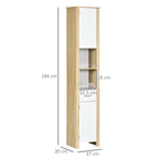 Kleankin high bathroom cabinet in chipboard with a drawer, 2 lockers and 2 adjustable open shelves, 37x30x184 cm - Borgè