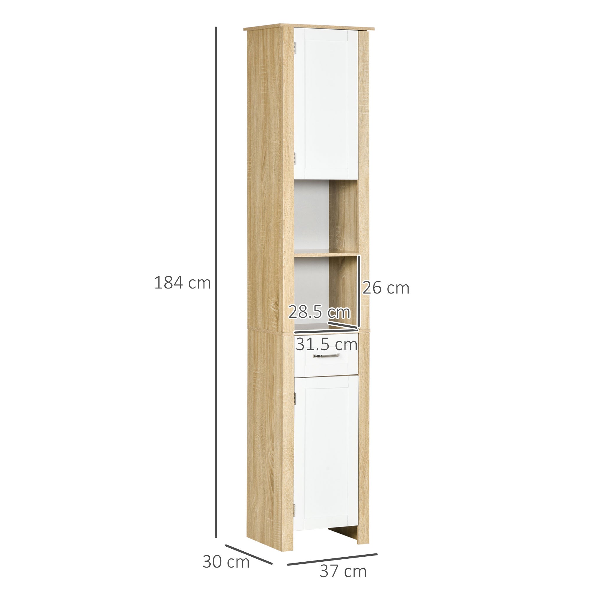 Kleankin high bathroom cabinet in chipboard with a drawer, 2 lockers and 2 adjustable open shelves, 37x30x184 cm - Borgè
