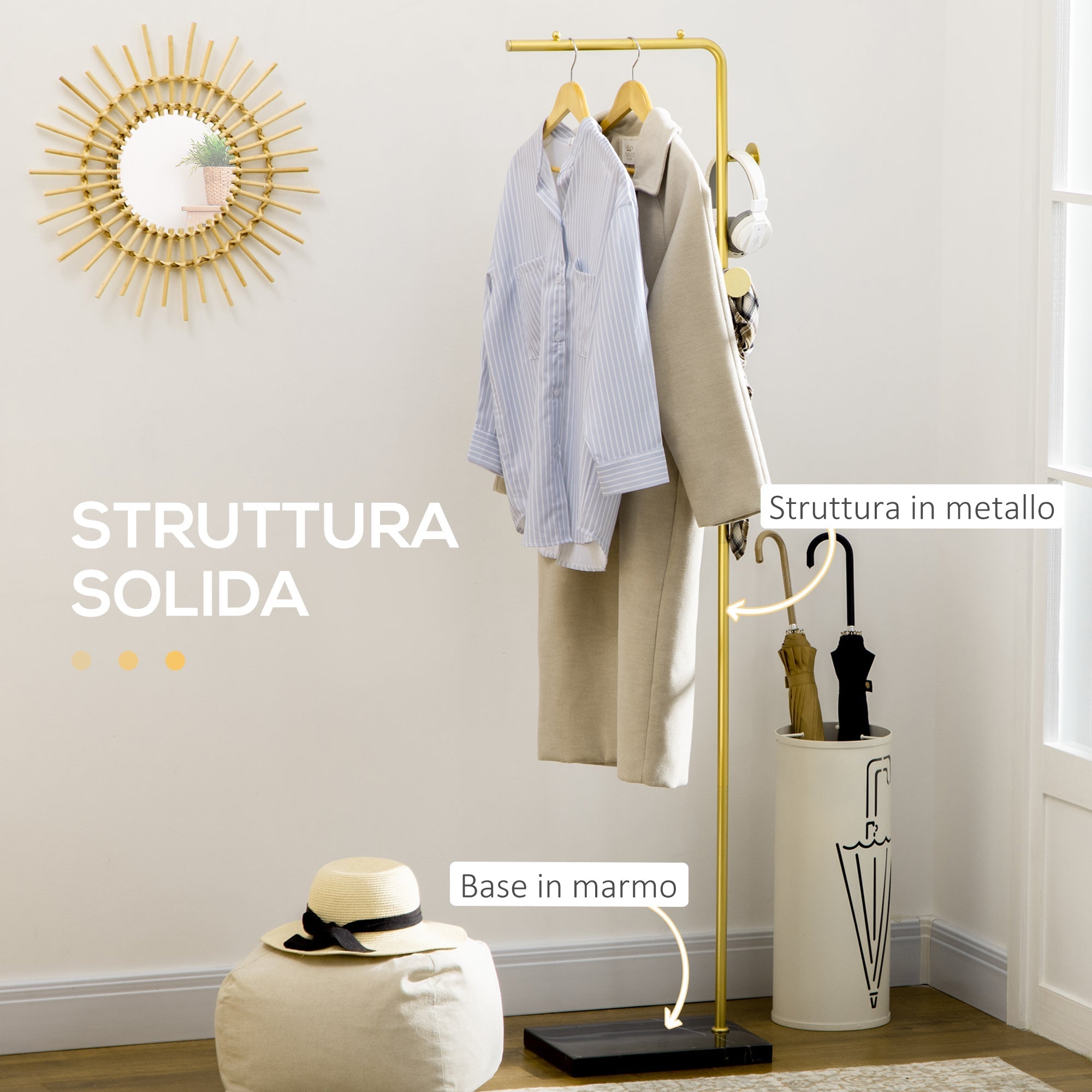 beams with 2 hooks for entrance, bedroom and living room in metal and marble, 35x25x170 cm, gold and black - Borgè