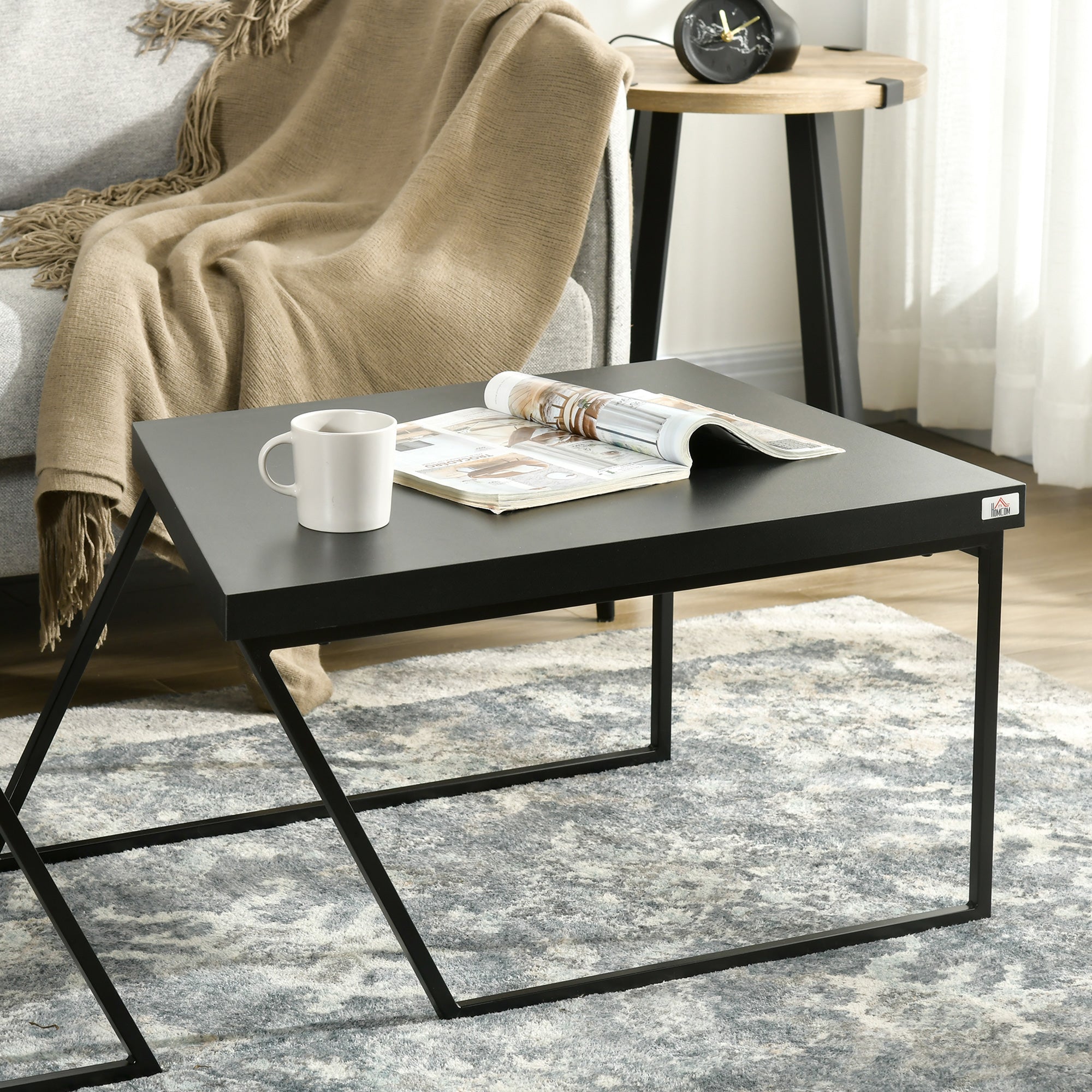 Homcom Set 2 coffee tables in chipboard and steel, black table 80x60x42 cm and brown table 60x60x46 cm - Borgè