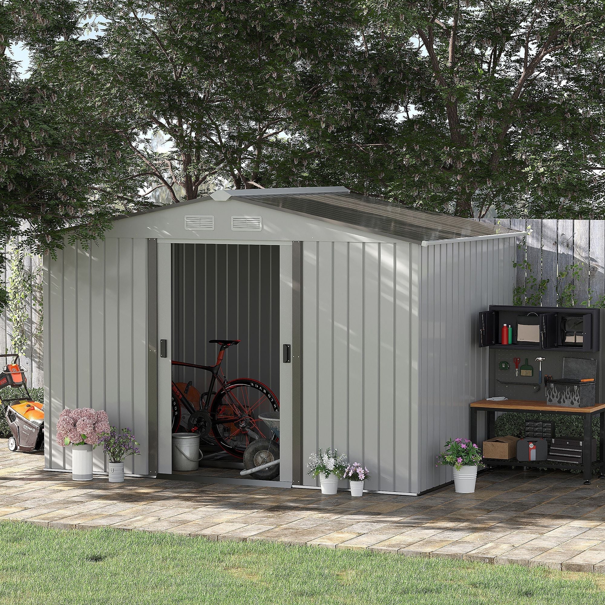 Outsunny garden house with double sliding doors, in steel and pp, 277x195x192cm, silver - Borgè