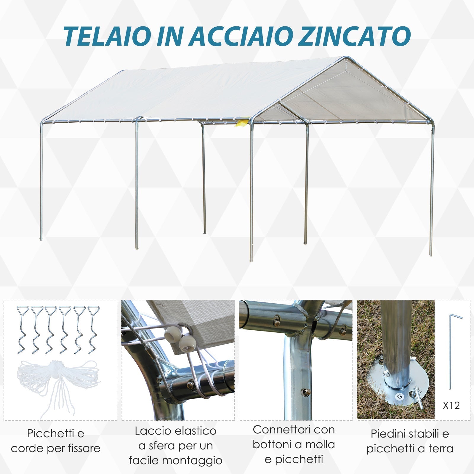 Galvanized Steel Car Awning with Anchoring Kit, 5.95x2.94x2.6m - White - Borge' Group Limited