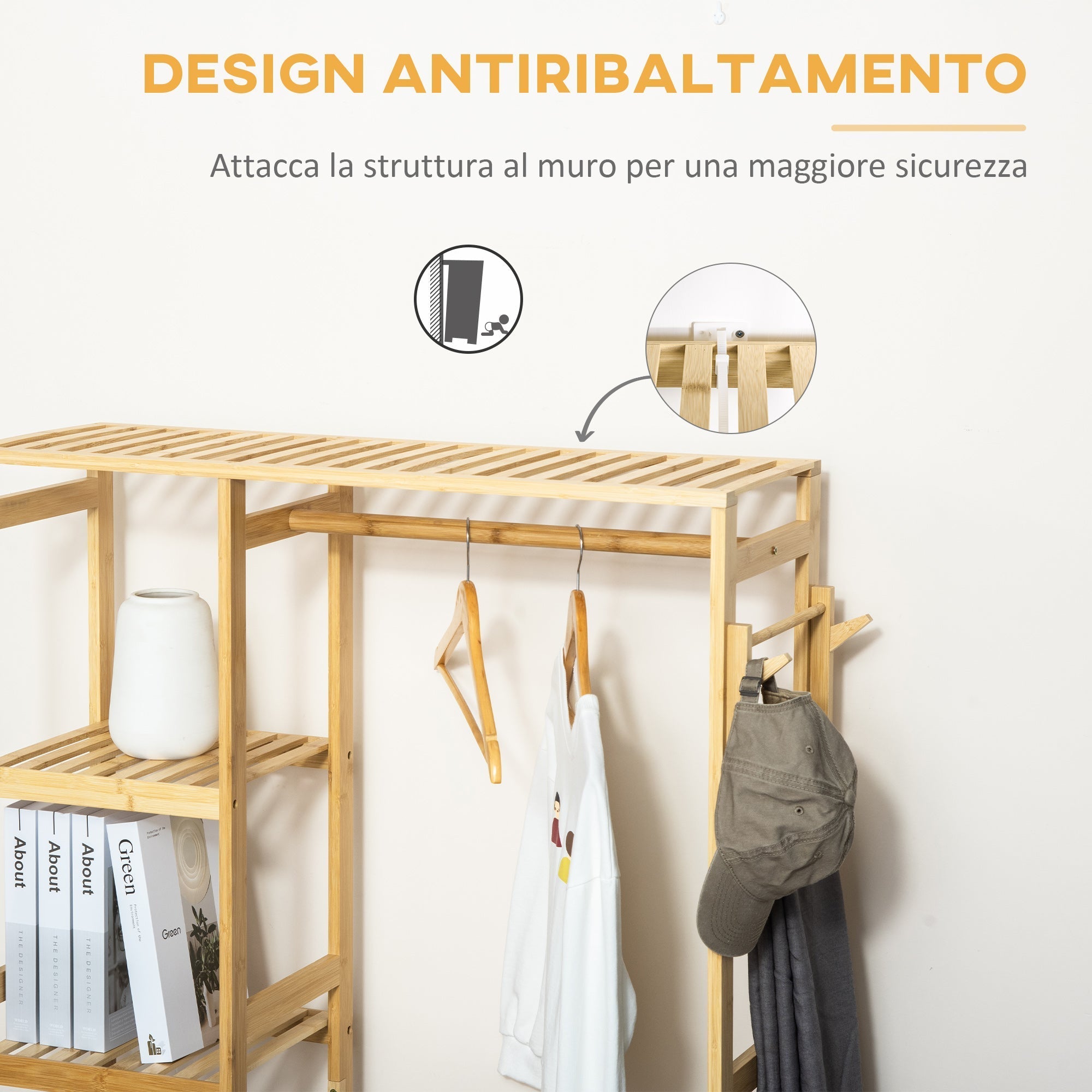 Hanging from the ground in bamboo wood with side shelves, 90x30x155cm - Borgè