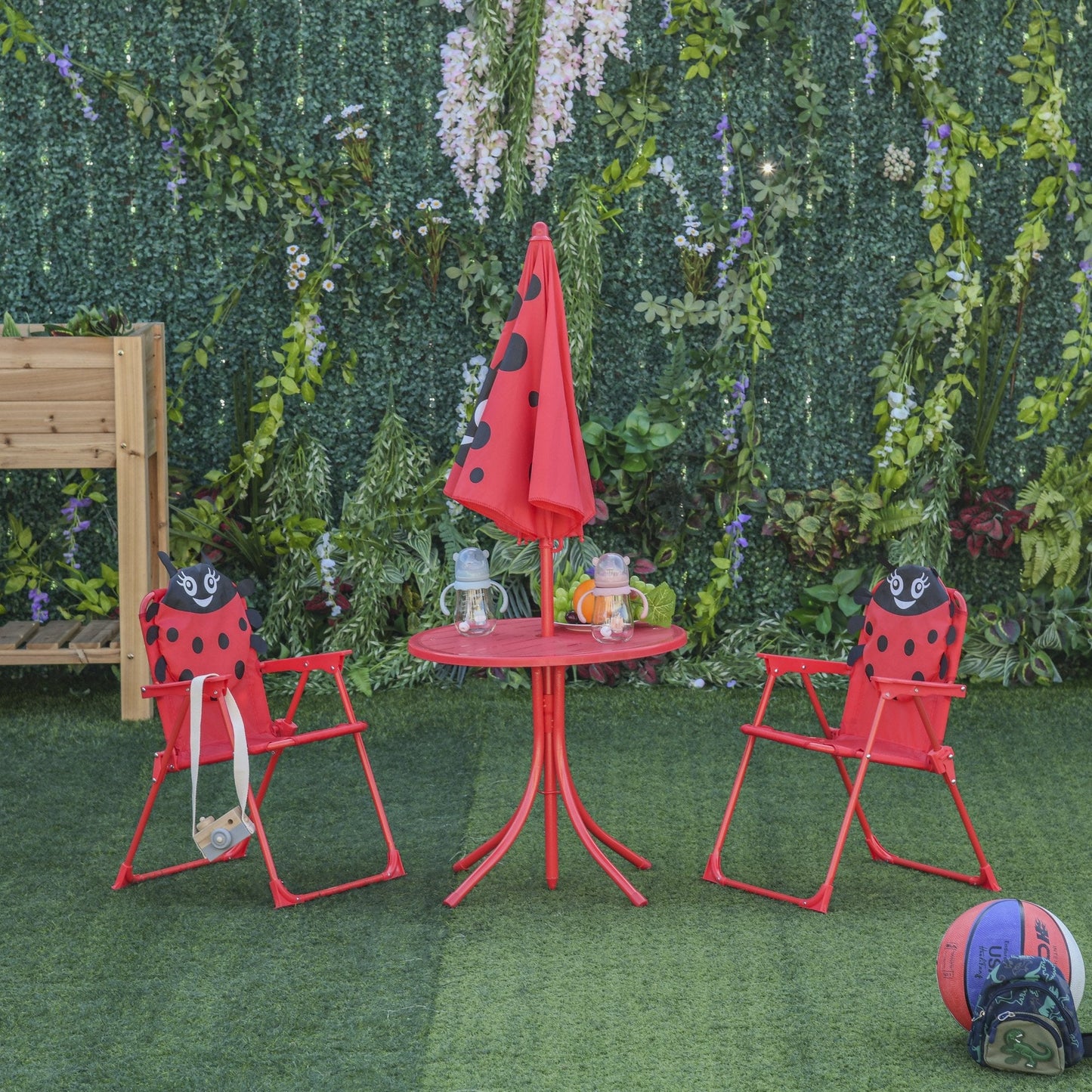 Outsunny Garden Table Set with 2 folding chairs and umbrella for children's ladybugs - Borgè